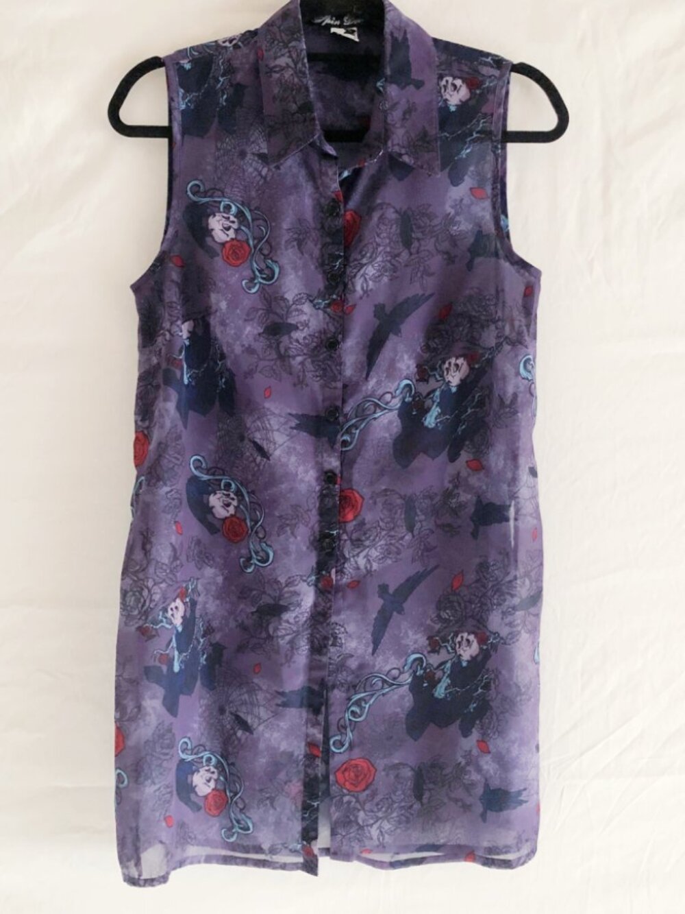 Hell Bunny Chiffon Raven Crow Print Sleeveless Buttondown Tunic Size S